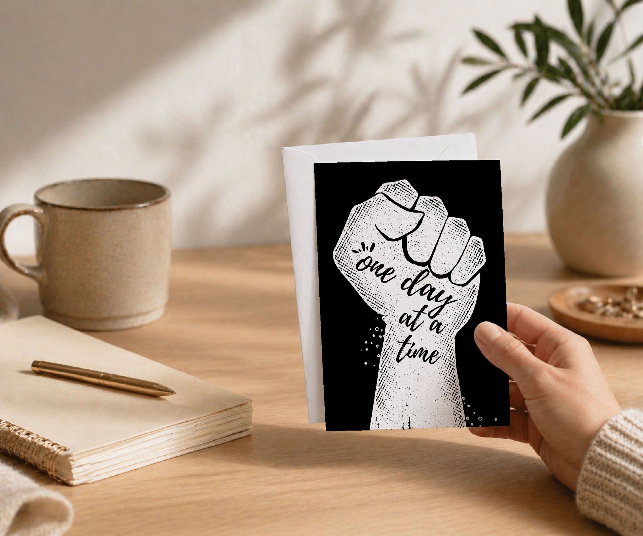 One Day at a Time Raised Fist Recovery Greeting Card