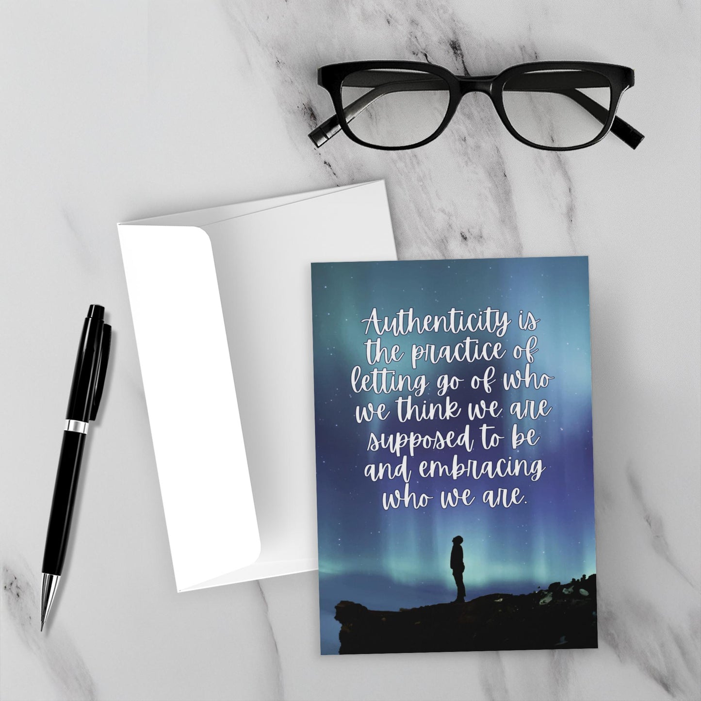 Authenticity is the practice of letting go recovery greeting card with northern lights aurora borealis — sponsor and sobriety gift