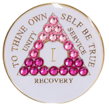 Back of AA recovery medallion with Serenity Prayer and pink crystal border