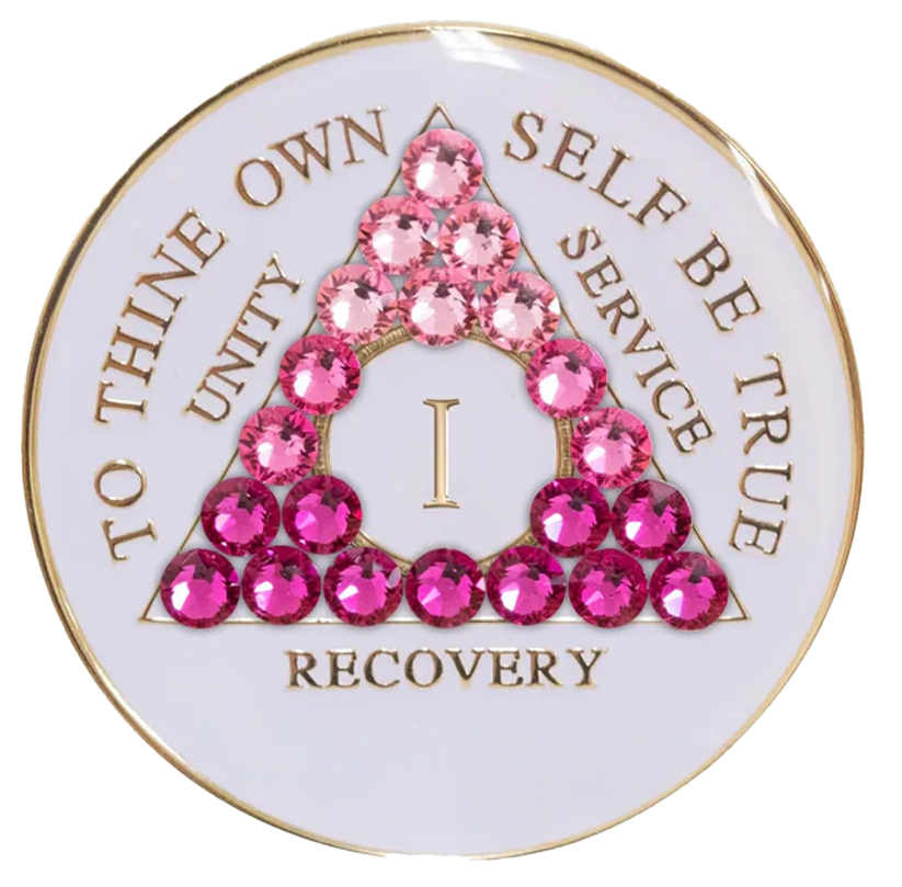 Back of AA recovery medallion with Serenity Prayer and pink crystal border