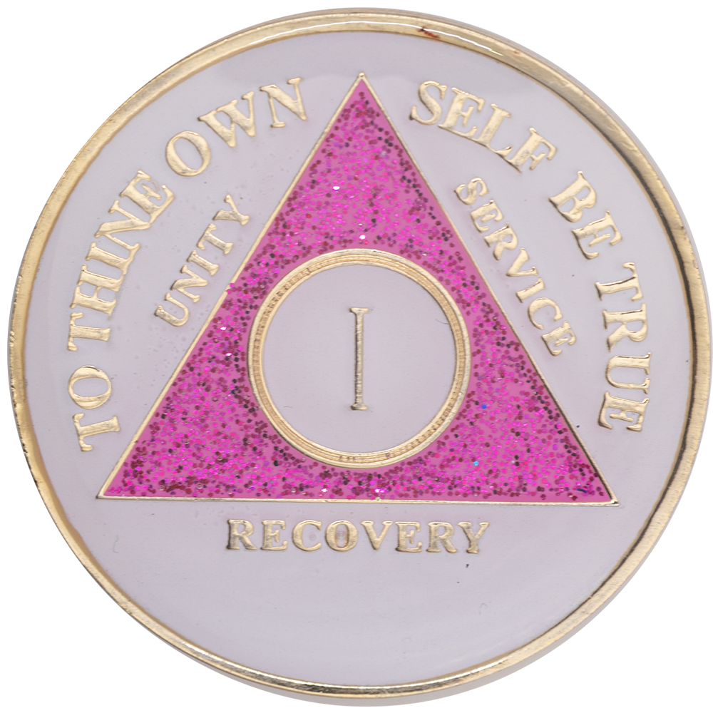Alcoholics Anonymous recovery coin with pink triangle and gold text on a white background