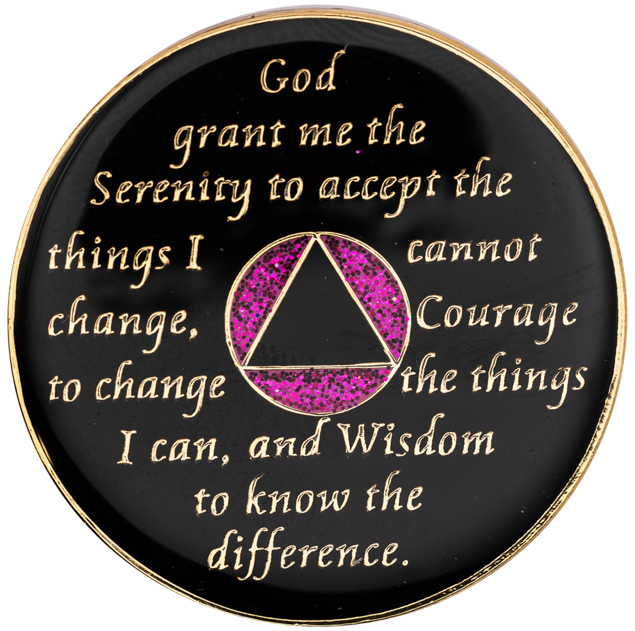 Back of glitter pink AA medallion with engraved Serenity Prayer