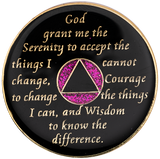 Back of glitter pink AA medallion with engraved Serenity Prayer