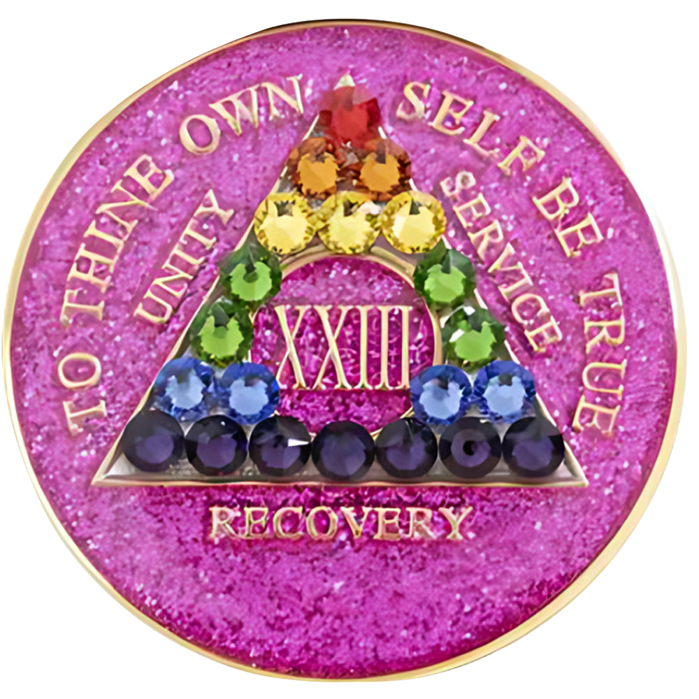Front of glitter pink AA recovery medallion with rainbow crystal accents