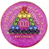 Front of glitter pink AA recovery medallion with rainbow crystal accents