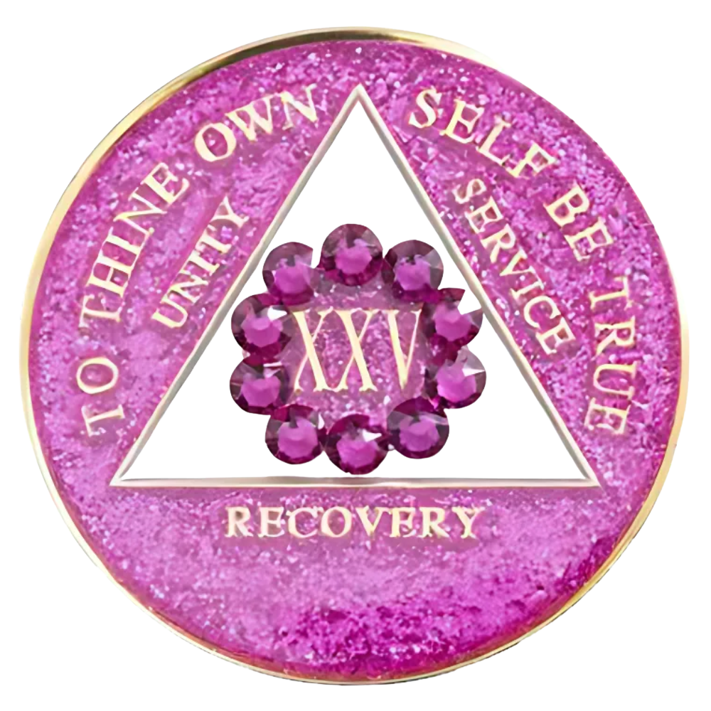 Front of glitter pink AA recovery medallion framed by a pink crystal border