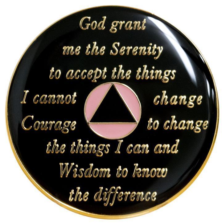 Reverse of AA recovery medallion featuring the Serenity Prayer