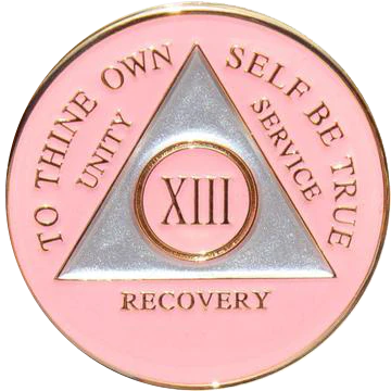 Pink and silver AA recovery medallion for sobriety years 1 through 50