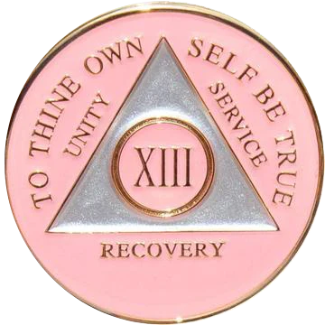 Pink and silver AA recovery medallion for sobriety years 1 through 50