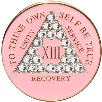 Pink AA recovery medallion with white crystal border for years 1 through 50