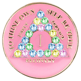 Pink AA recovery medallion with pastel crystals for sobriety years 1 through 50