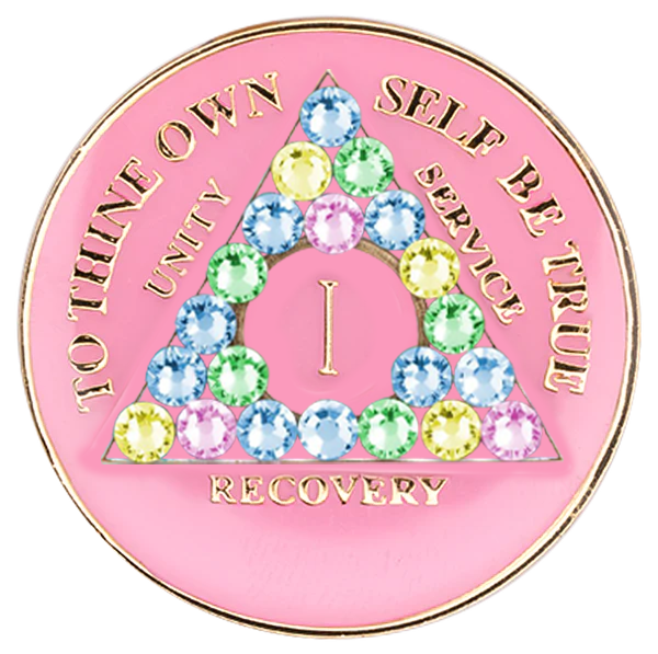Pink AA recovery medallion with pastel crystals for sobriety years 1 through 50