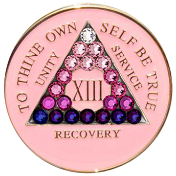 Pink AA recovery medallion with pink transition crystals for years 1 through 50
