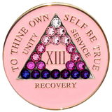 Pink AA recovery medallion with pink transition crystals for years 1 through 50