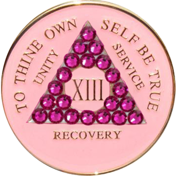 Pink AA recovery medallion with matching pink crystals for years 1 through 50