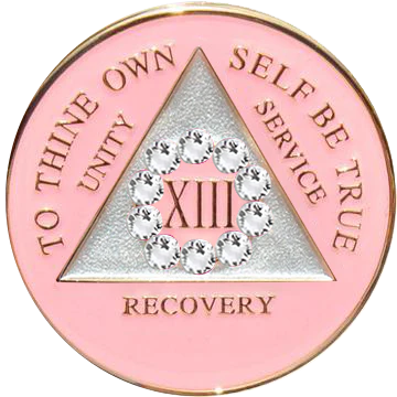 Pink AA recovery medallion framed by a white crystal circle for years 1 through 50