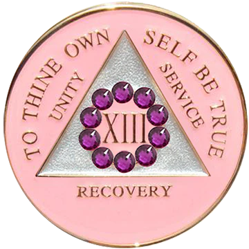 Pink AA recovery medallion framed by a pink crystal circle for years 1 through 50