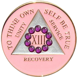 Pink AA recovery medallion framed by a pink crystal circle for years 1 through 50