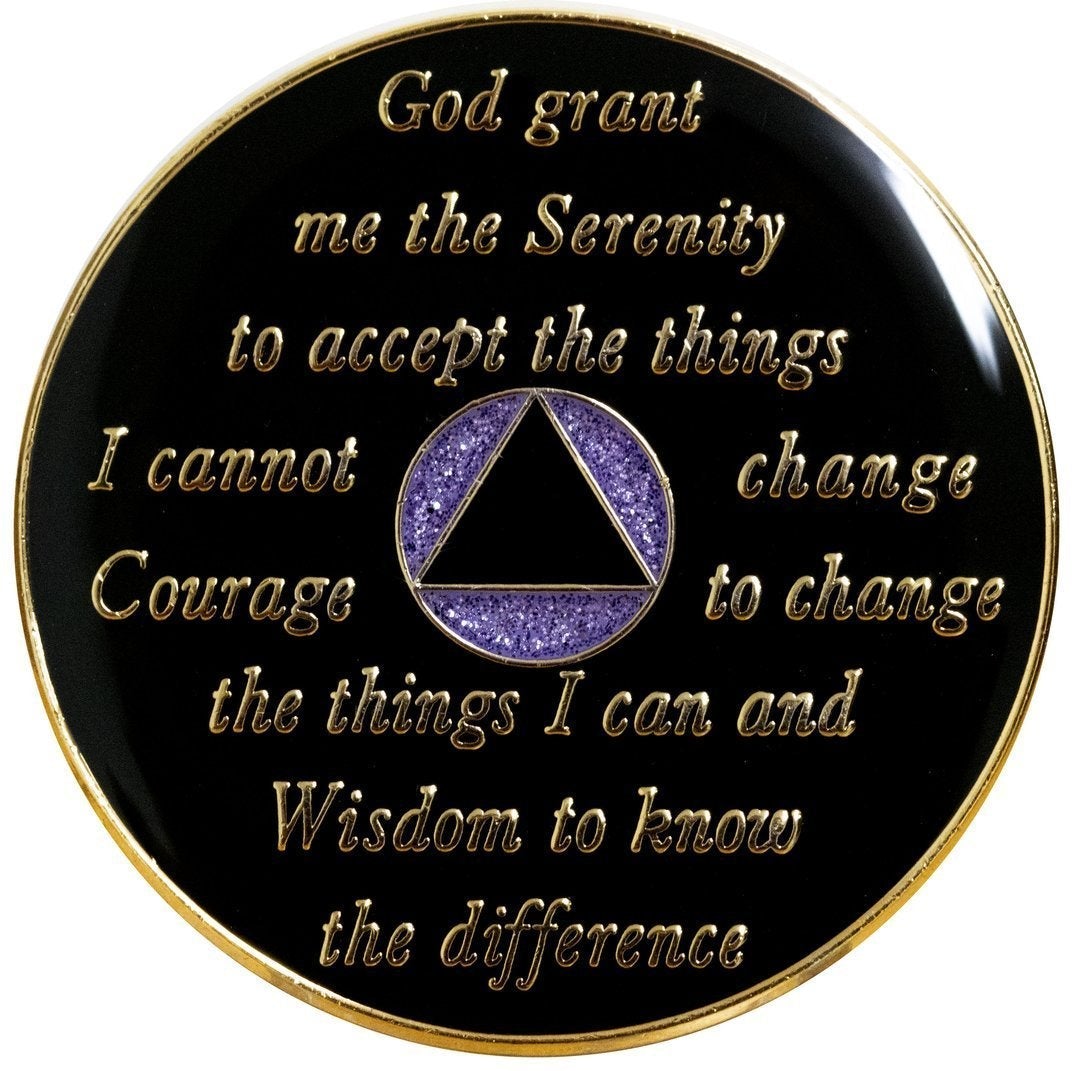 Reverse of AA recovery medallion featuring the Serenity Prayer