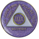 Glitter lavender AA recovery medallion for sobriety years 1 through 50