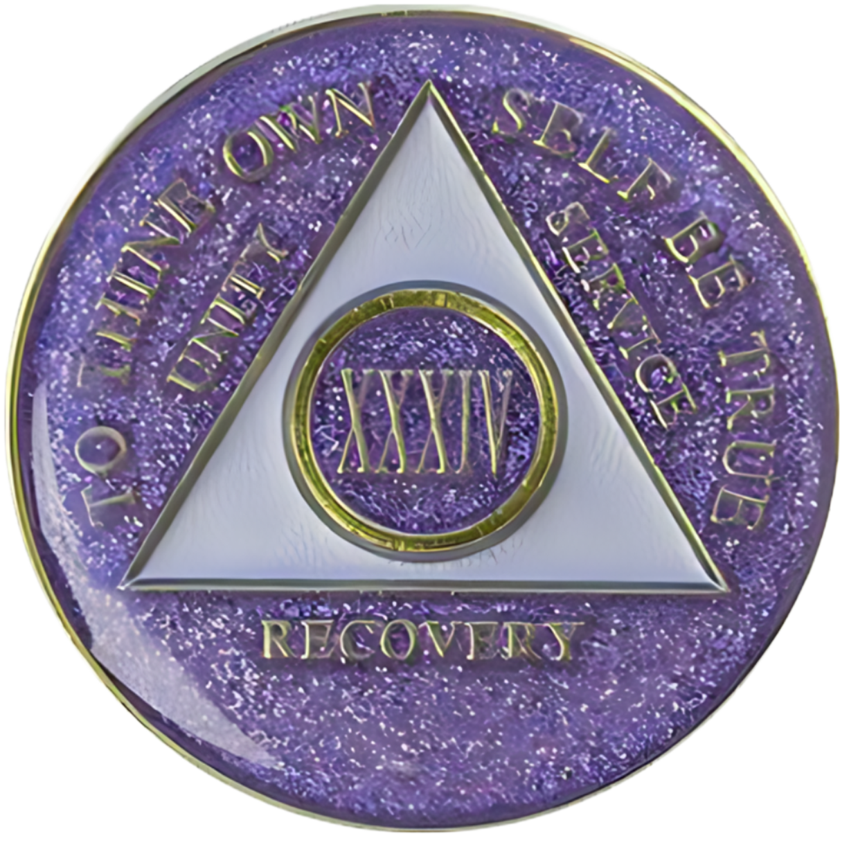 Glitter lavender AA recovery medallion for sobriety years 1 through 50