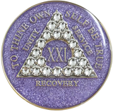 Glitter lavender AA recovery medallion with white crystals for years 1 through 50