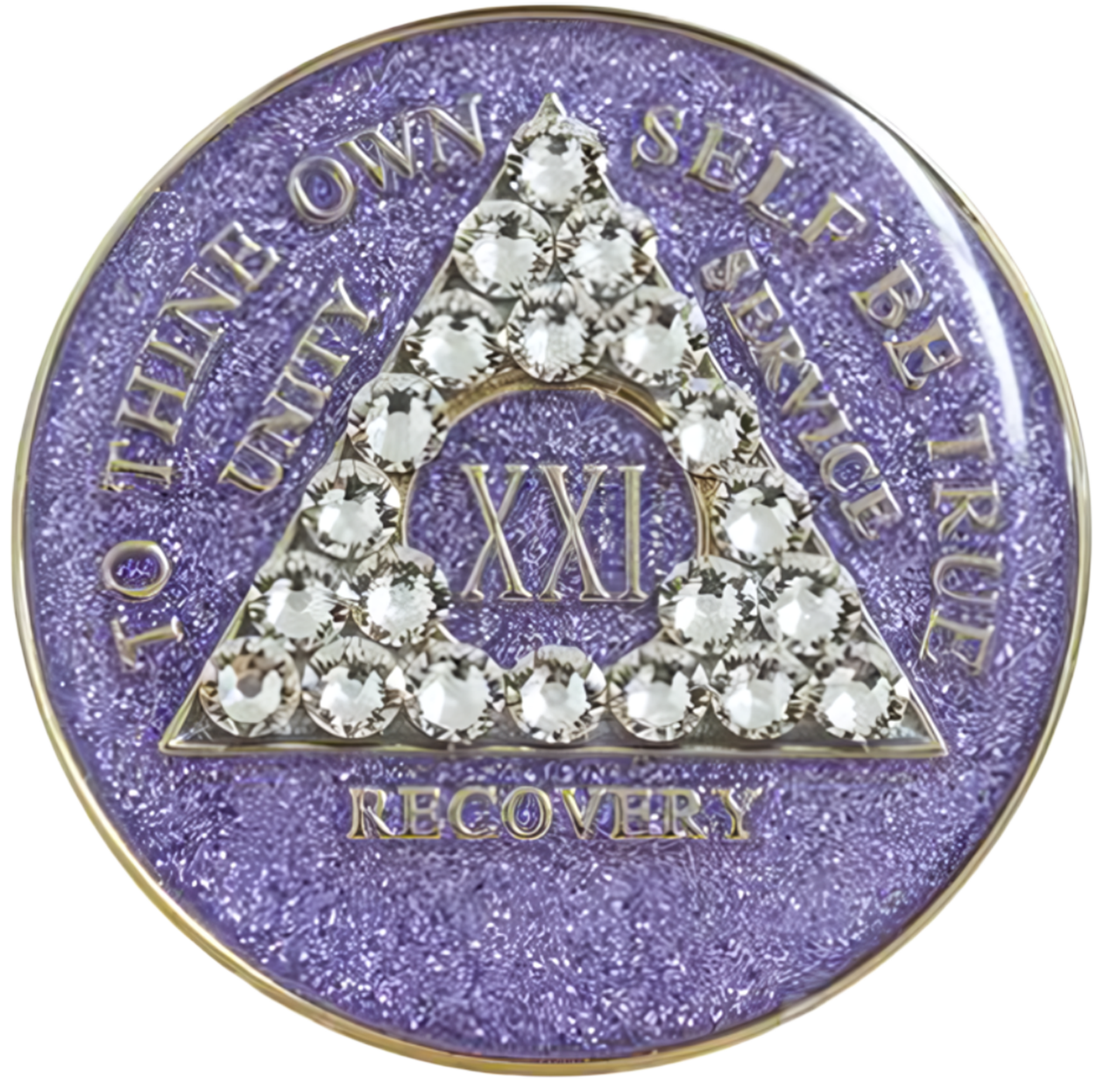 Glitter lavender AA recovery medallion with white crystals for years 1 through 50