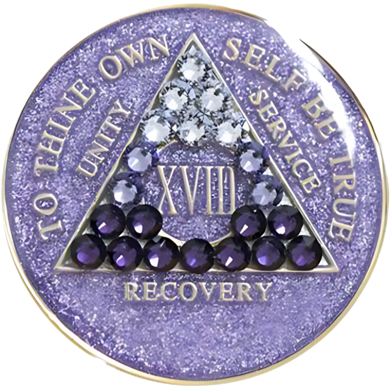 Glitter lavender AA recovery medallion with purple transition crystals for years 1 through 50