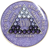 Glitter lavender AA recovery medallion with purple transition crystals for years 1 through 50