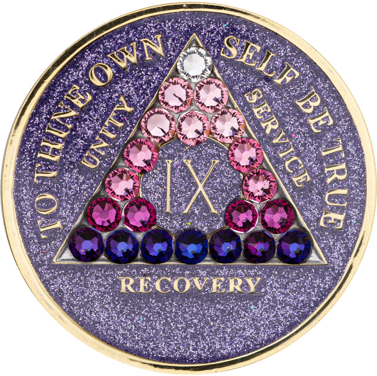 Glitter lavender AA recovery medallion with pink transition crystals for years 1 through 50