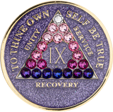 Glitter lavender AA recovery medallion with pink transition crystals for years 1 through 50