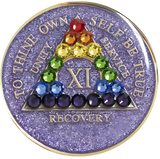 Glitter lavender AA recovery medallion with rainbow crystals for years 1 through 50