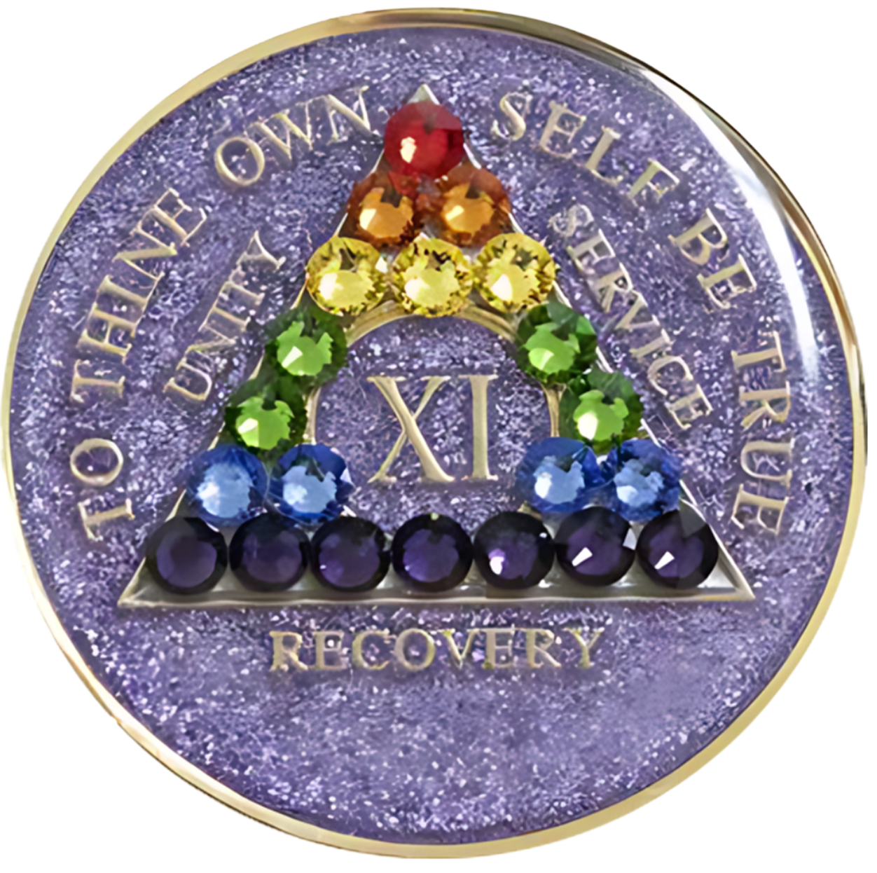 Glitter lavender AA recovery medallion with rainbow crystals for years 1 through 50