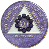 Glitter lavender AA recovery medallion framed by a purple crystal circle for years 1 through 50
