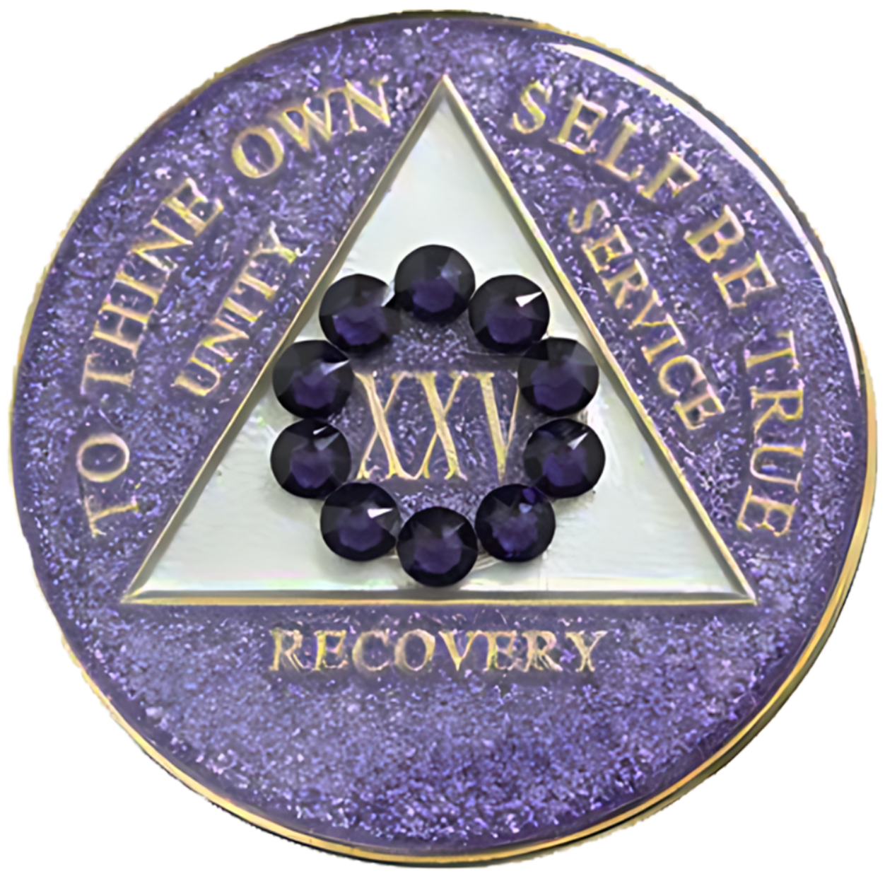 Glitter lavender AA recovery medallion framed by a purple crystal circle for years 1 through 50