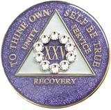 Glitter lavender AA recovery medallion framed by a white crystal circle for years 1 through 50