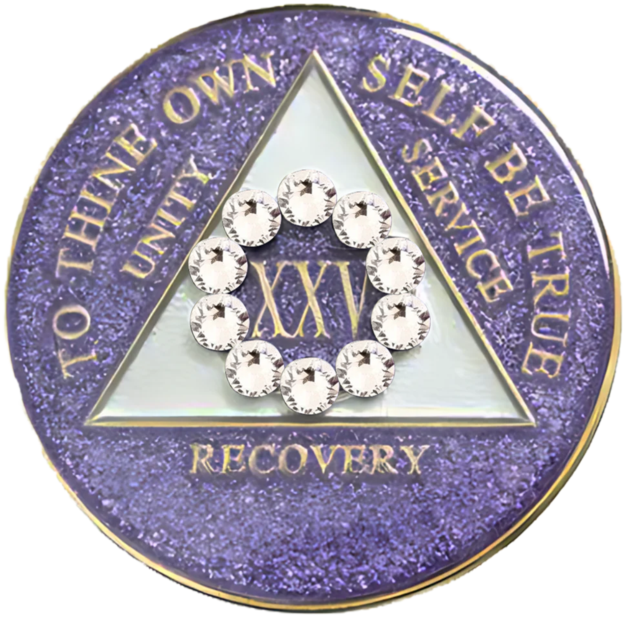 Glitter lavender AA recovery medallion framed by a white crystal circle for years 1 through 50