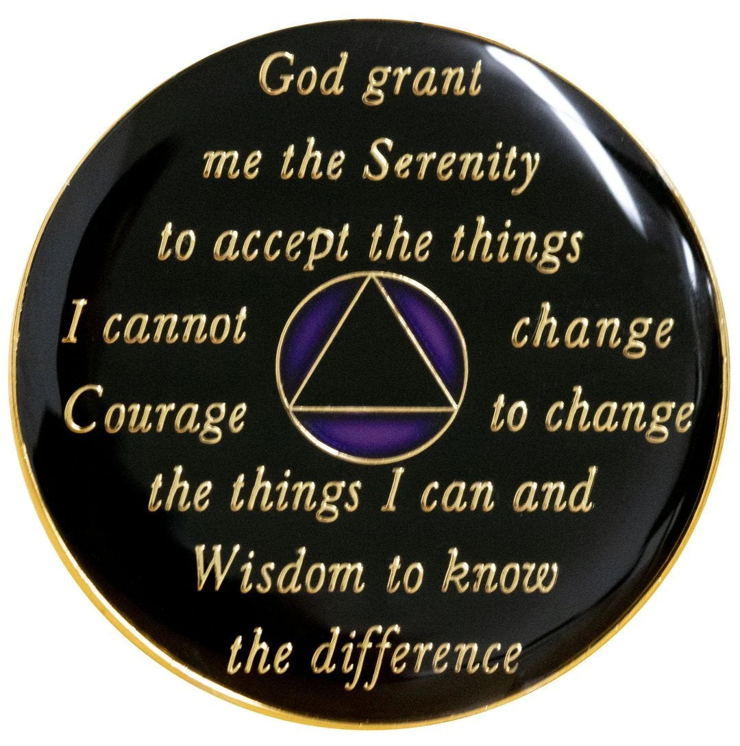 Reverse of AA recovery medallion featuring the Serenity Prayer