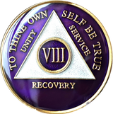 Purple and silver AA recovery medallion for sobriety years 1 through 65