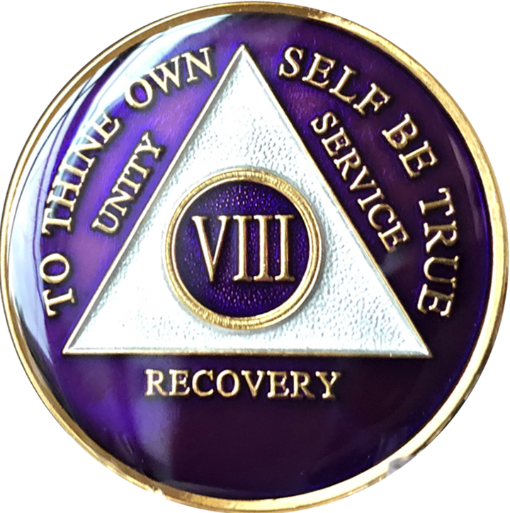 Purple and silver AA recovery medallion for sobriety years 1 through 65