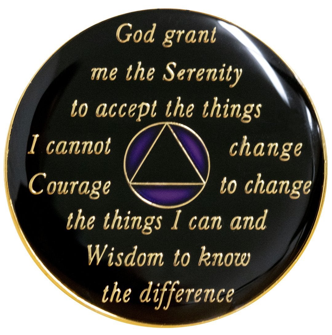 Reverse of AA recovery medallion featuring the Serenity Prayer