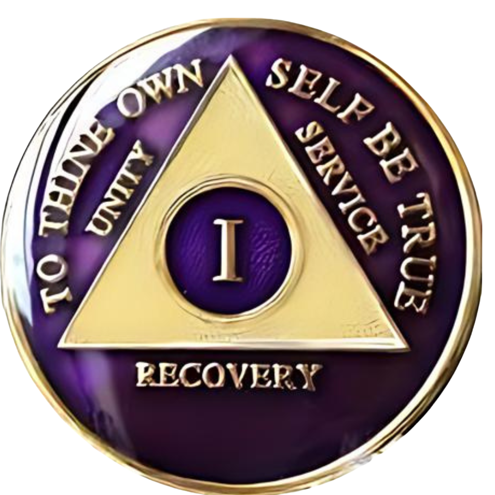 Front of purple and gold AA recovery medallion for sobriety years 1 through 50