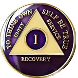 Purple and gold AA recovery medallion for sobriety years 1 through 50