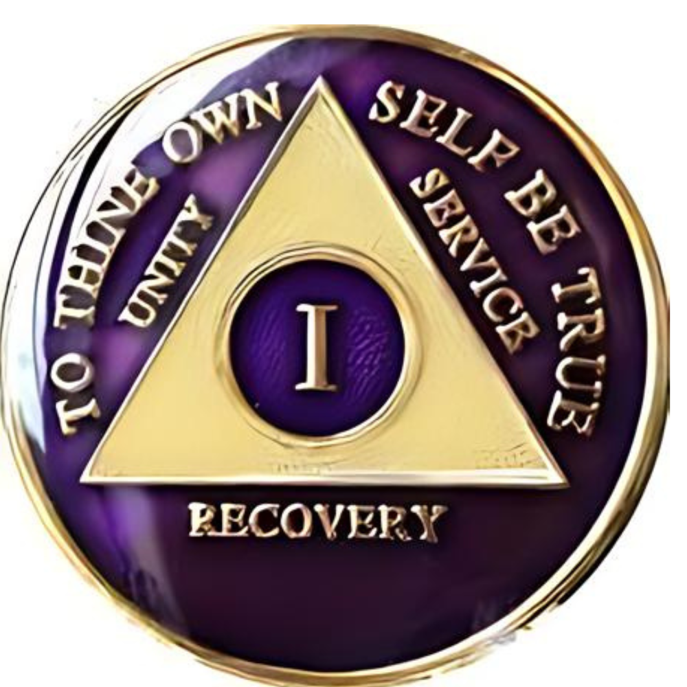 Purple and gold AA recovery medallion for sobriety years 1 through 50