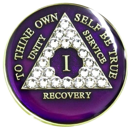 Purple AA recovery medallion with white crystals for sobriety years 1 through 65