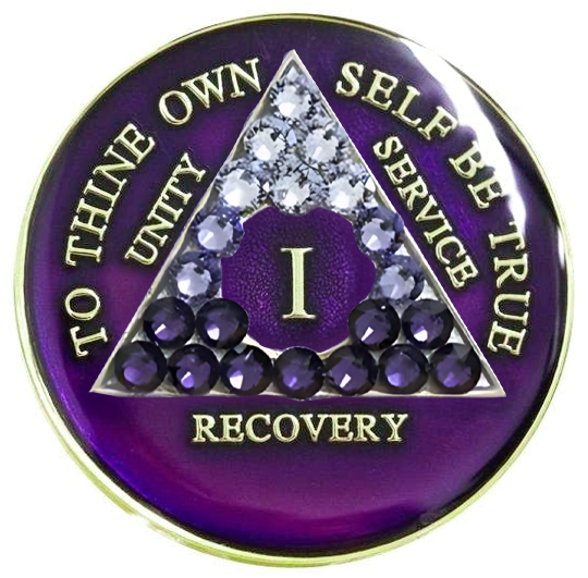 Purple AA recovery medallion with purple transition crystals for sobriety years 1 through 65