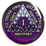 Purple AA recovery medallion with purple transition crystals for sobriety years 1 through 65