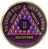 Purple AA recovery medallion with volcano crystals for sobriety years 1 through 65