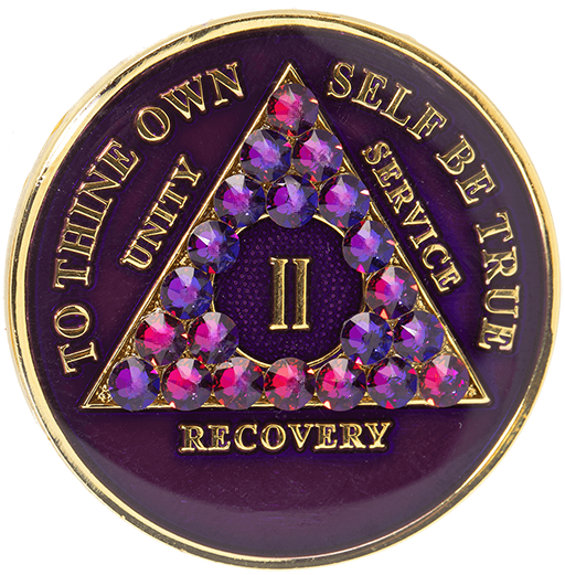 Purple AA recovery medallion with volcano crystals for sobriety years 1 through 65