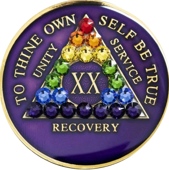 Purple AA recovery medallion with rainbow crystals for sobriety years 1 through 65